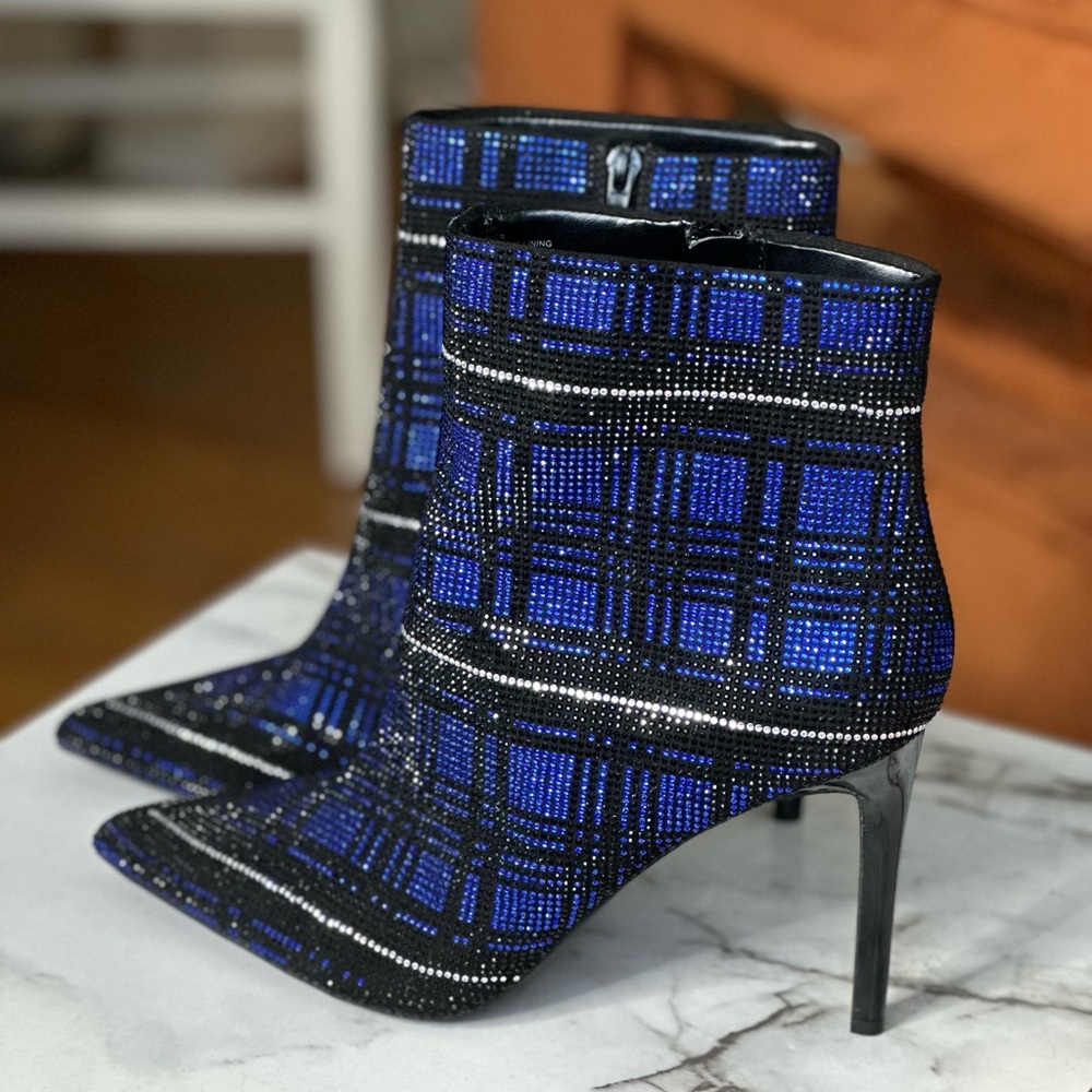 INC Blue Rhinestone Plaid Women's Ankle Boots, Size 12